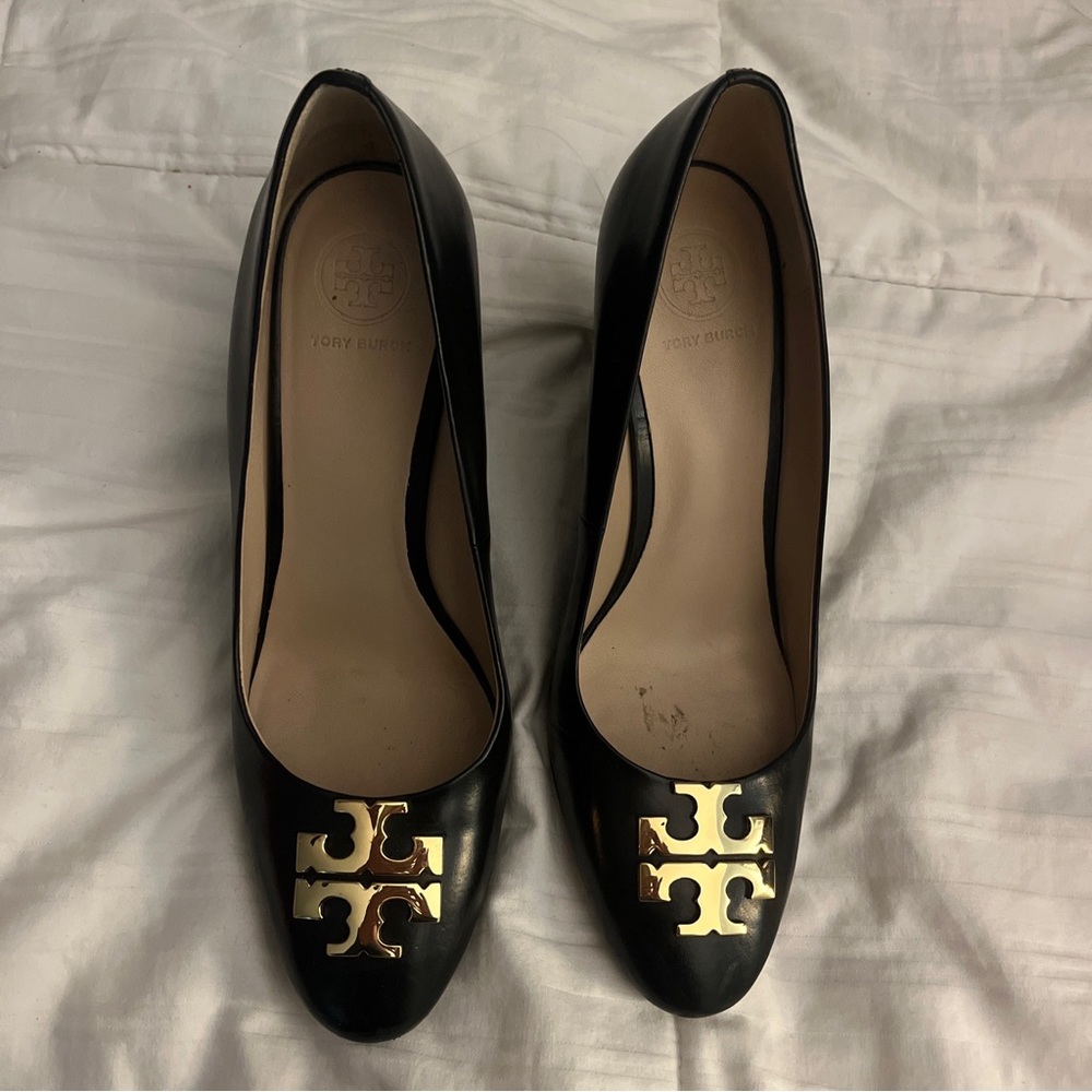 Tory Burch Black with Gold Leather Wedges. Size 7.5.
